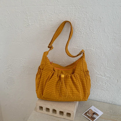 Korean Nylon Shoulder Bag Fashion Simple Plaid Zipper Tote Bag Drawstring Pleated Cloud Bag New Commuter Crossbody Shoulder Bag