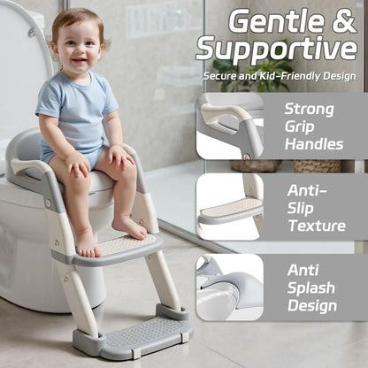 2-in-1 Toddler Toilet Ladder Seat – Adjustable Potty Training Seat with Non-Slip Steps & Anti-Slip Pads, Foldable for Boys & Girls, Bathroom Toilet Trainer (Grey Green Purple)