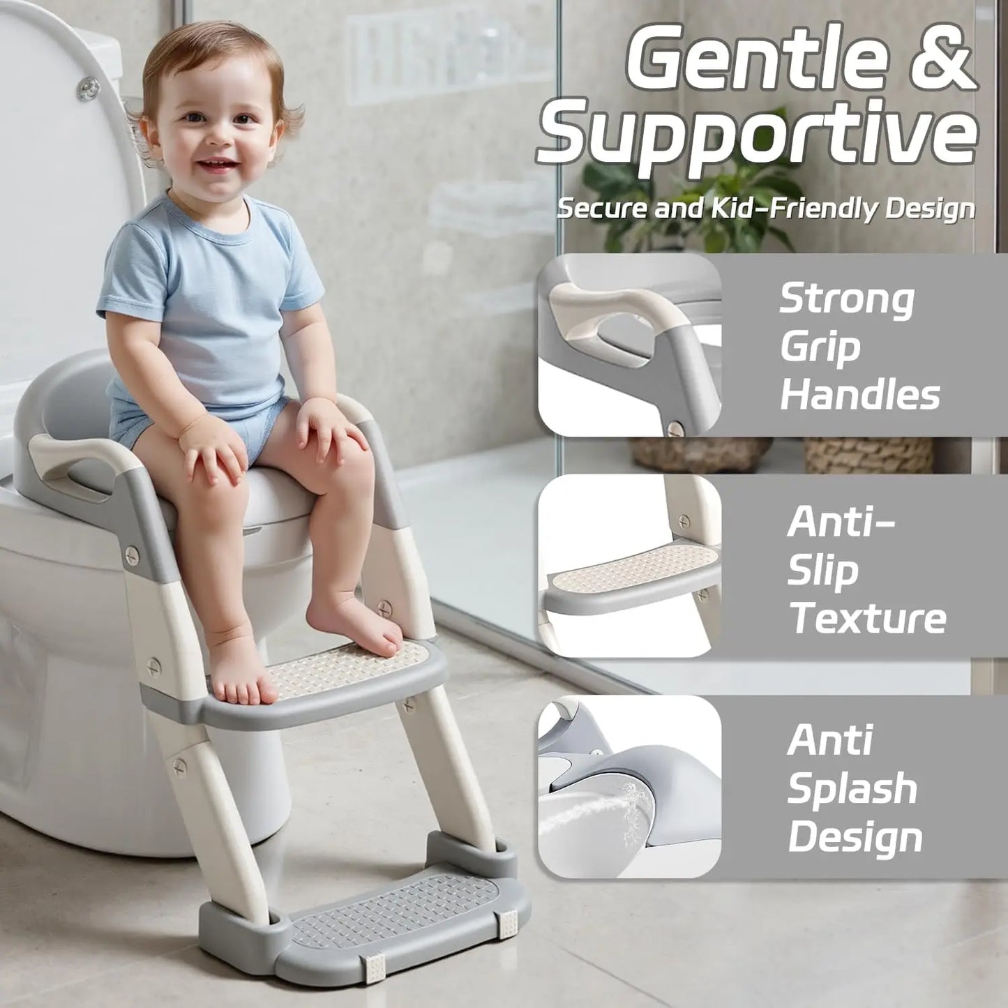 2-in-1 Toddler Toilet Ladder Seat – Adjustable Potty Training Seat with Non-Slip Steps & Anti-Slip Pads, Foldable for Boys & Girls, Bathroom Toilet Trainer (Grey Green Purple)