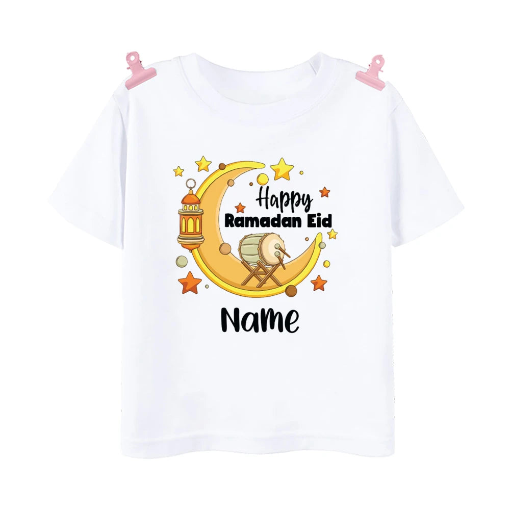 Personalized Eid Mubarak Printed Kids Shirts Custom Name Eid Ramadan Child T-shirt Tops Islamic Muslim Holiday Boys Girls Outfit