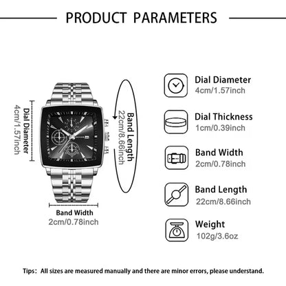 Luxury Square Dial Men Quartz Wristwatch Fashion Stainless Steel Man Business Watches With Calendar Reloj Hombre (Without Box)