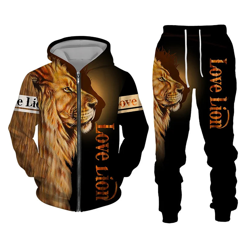 Spring and Autumn Men's Tracksuit 3D The Lion Print Zipper Hoodies Sweatshirts Pants Sets Casual Mens Clothing Women's Tracksuit