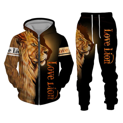 Spring and Autumn Men's Tracksuit 3D The Lion Print Zipper Hoodies Sweatshirts Pants Sets Casual Mens Clothing Women's Tracksuit