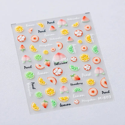 Fresh Sweet Fruits Strawberry Cherry Bowknot Love Heart Lemon 5D Nail Art Stickers Self Adhesive Decorations Nail Manicure Decal