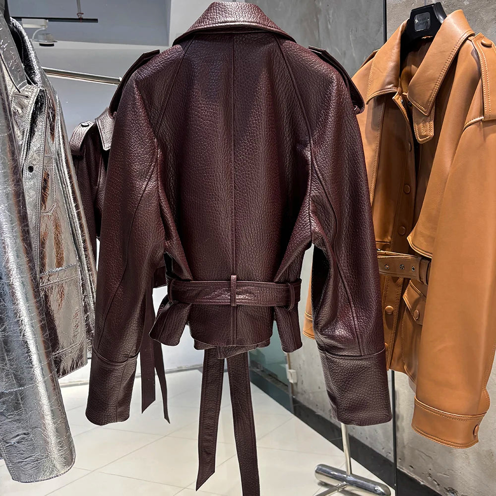 YOLOAgain Vintage Grain Leather Jacket Women Real Leather Sheepskin Jacket With Belt