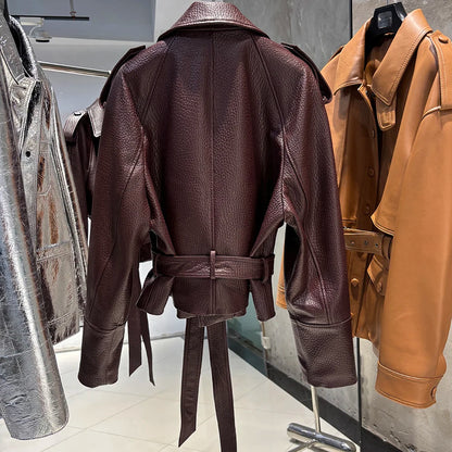 YOLOAgain Vintage Grain Leather Jacket Women Real Leather Sheepskin Jacket With Belt