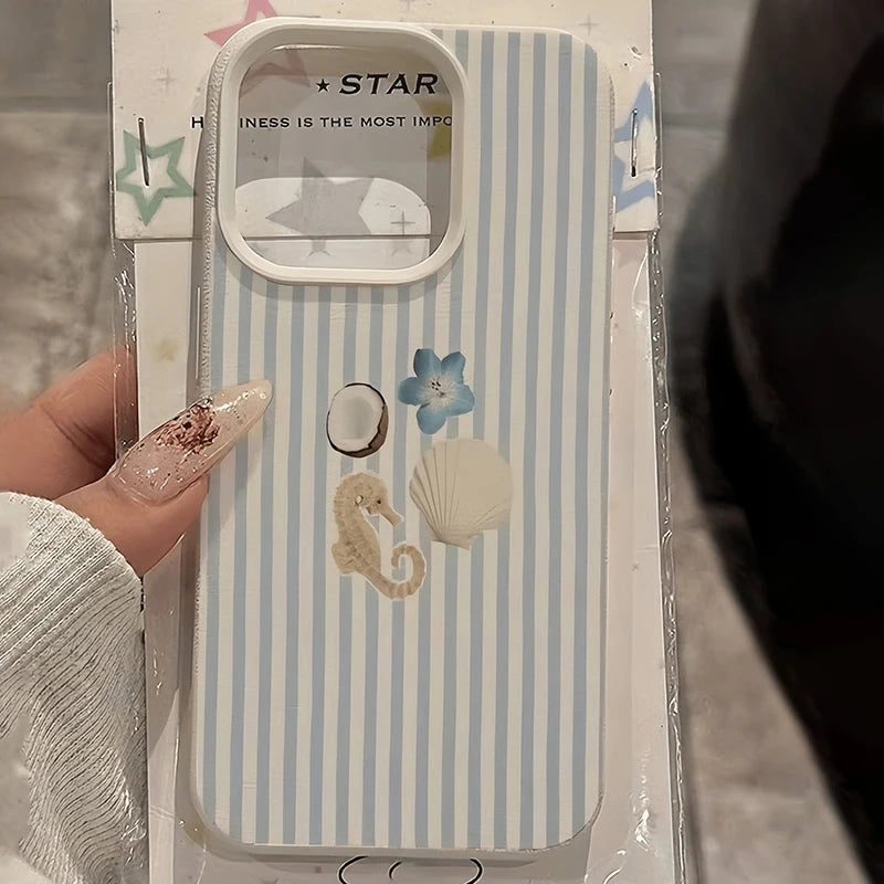 White Floral Blue & Pink Striped Minimalist Pattern Phone Case For Xiaomi Redmi Note 14 Pro Plus5G 13 12 11 10 15C 14C 13C Cover