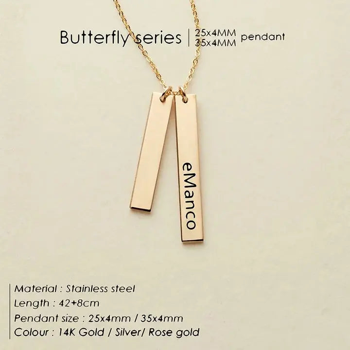 EManco Stainless Steel Long Engraved Necklace Double Pendant Name Personalized Engraved Necklace Birthday Gift