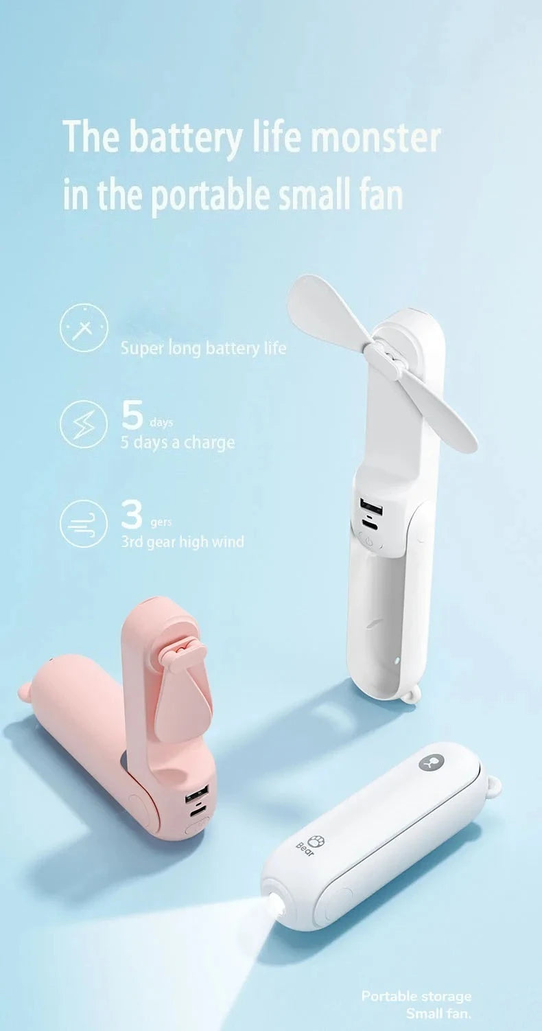 Handheld Bear Electric Fan Portable Small Fan For Students Multi-functional Household Foldable USB Charging Stand-up Desktop Fan