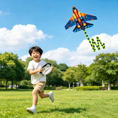 HTMCK Fighter Jet Kite 45cm Large Plane Kite With 100m Line Handle Outdoor Sport Flying Kites For Kids Adults Beach Park Easy To