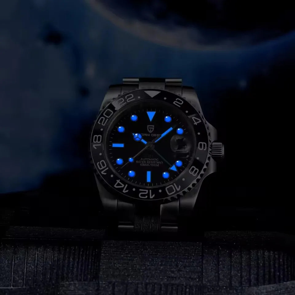 PAGANI DESIGN 40MM Black Gray Dual Tone Automatic Mechanical GMT WATCH Sapphire Glass Stainle Steel Sports luminous Watches men
