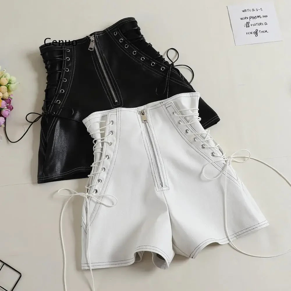 Autumn Women PU Shorts Tie High Waist Shorts Female Casual Black Shorts Ladies All Match Wide leg Shorts Short Pants