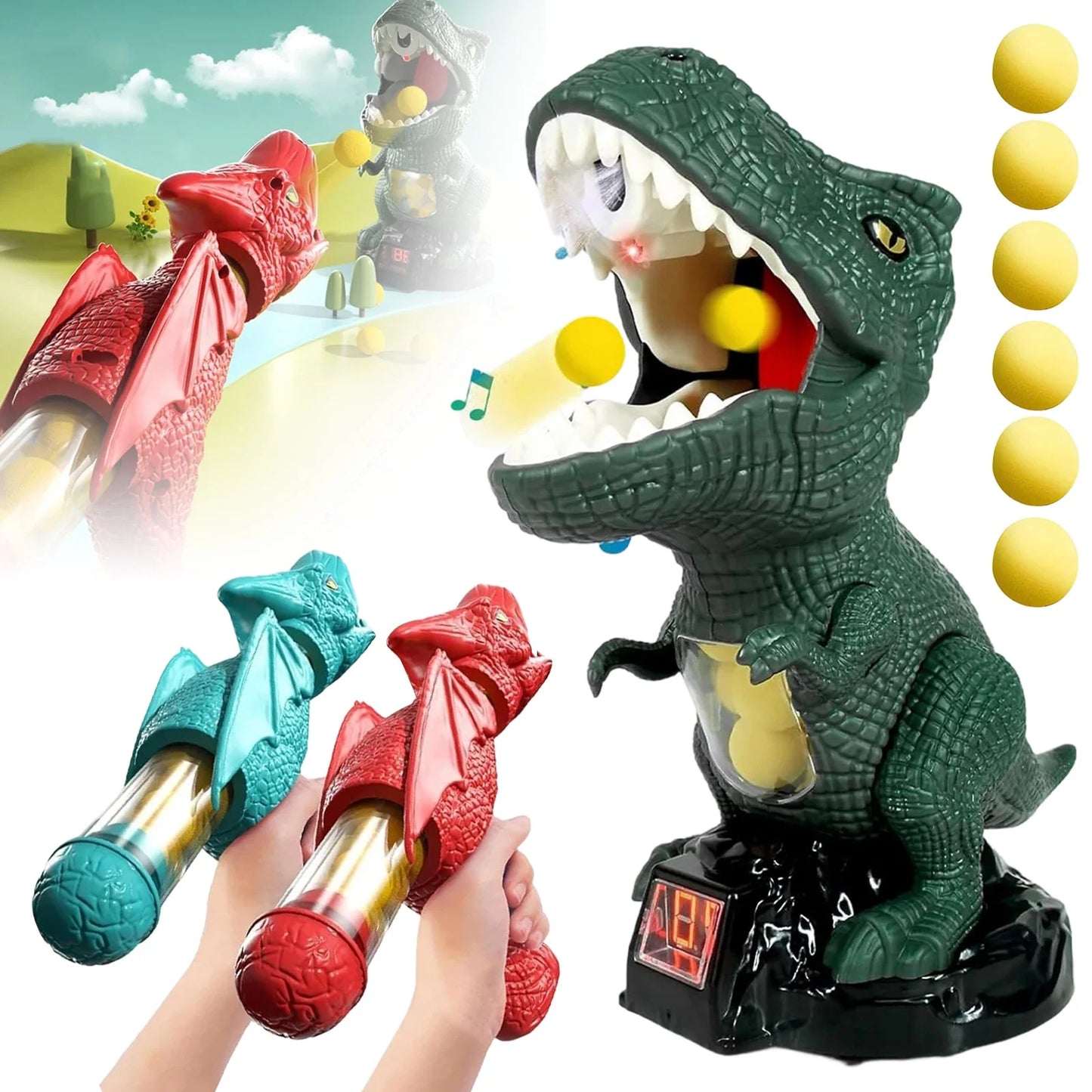 Kids Dinosaur Shooting Toy Gun 360 Degree Omni Rotatable Mist Spray Design Air Popper Soft EVA Ball Blaster Educational Parent-Child Battle Play Toy for Home Backyard Party