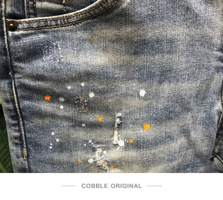 Summer Trendy Brand Handsome Denim Shorts Men's Washed Embroidered Patch Trendy Short Pants Ripped Slim-fit Elastic Middle Pants