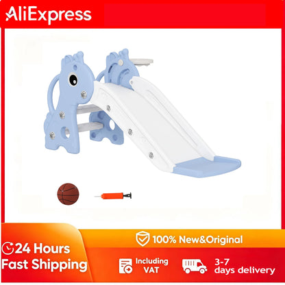 3 in 1 children's giraffe slide, basketball hoop ball, blue, children's slide, toy slide, children's toy slide, outdoor slide, slide