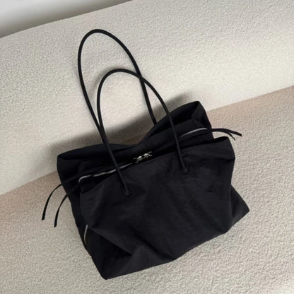 Women's Solid Black Cool Tote Bag 2025 New Fashion Simple Nylon Large Capacity Commuter Double Zipper Compartment HandBags