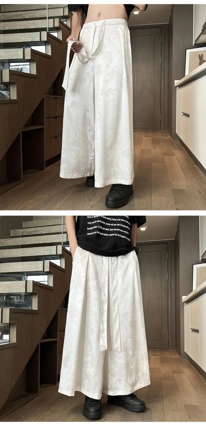 Men's Black Dragon Jacquard Wide-Leg Pants - New Chinese Style Satin Belted Trousers