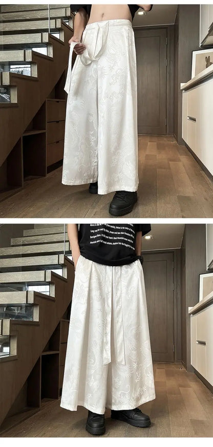 Men's Black Dragon Jacquard Wide-Leg Pants - New Chinese Style Satin Belted Trousers