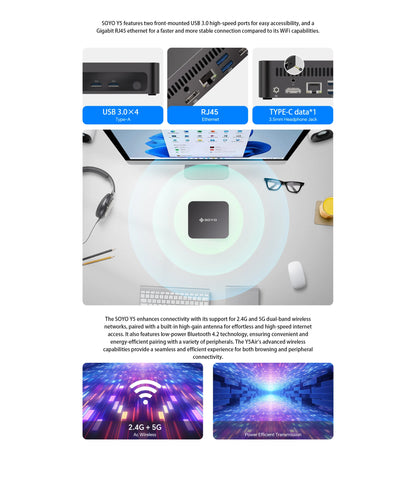 SOYO Mini PC Y5 Intel i3 4th CPU 8GB RAM 128GB ROM Windows 10 WiFi BT4.2 Desktop Computer