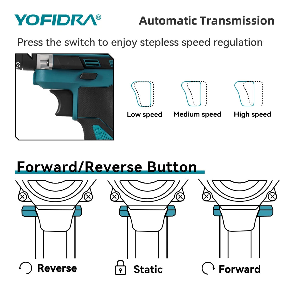 YOFIDRA  3 IN 1 25+3 Torque Electric Impact Drill Cordless Impact Drill Househeld Woodworking Power Tool for Makita Battery Pin