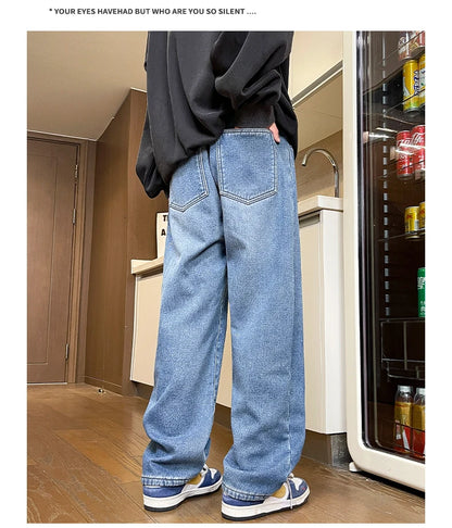 Men's Thicke Fleece Straight Jeans Winter Velvet Thermal Nostalgia Washing Denim Pants Streetwear Elastic Waist Loose Trousers