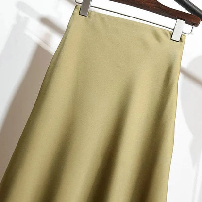 Botvotee Elegant Satin Long Skirt for Women Spring Summer 2025 Office Ladies Korean Style Loose Elastic Band Midi Skirts