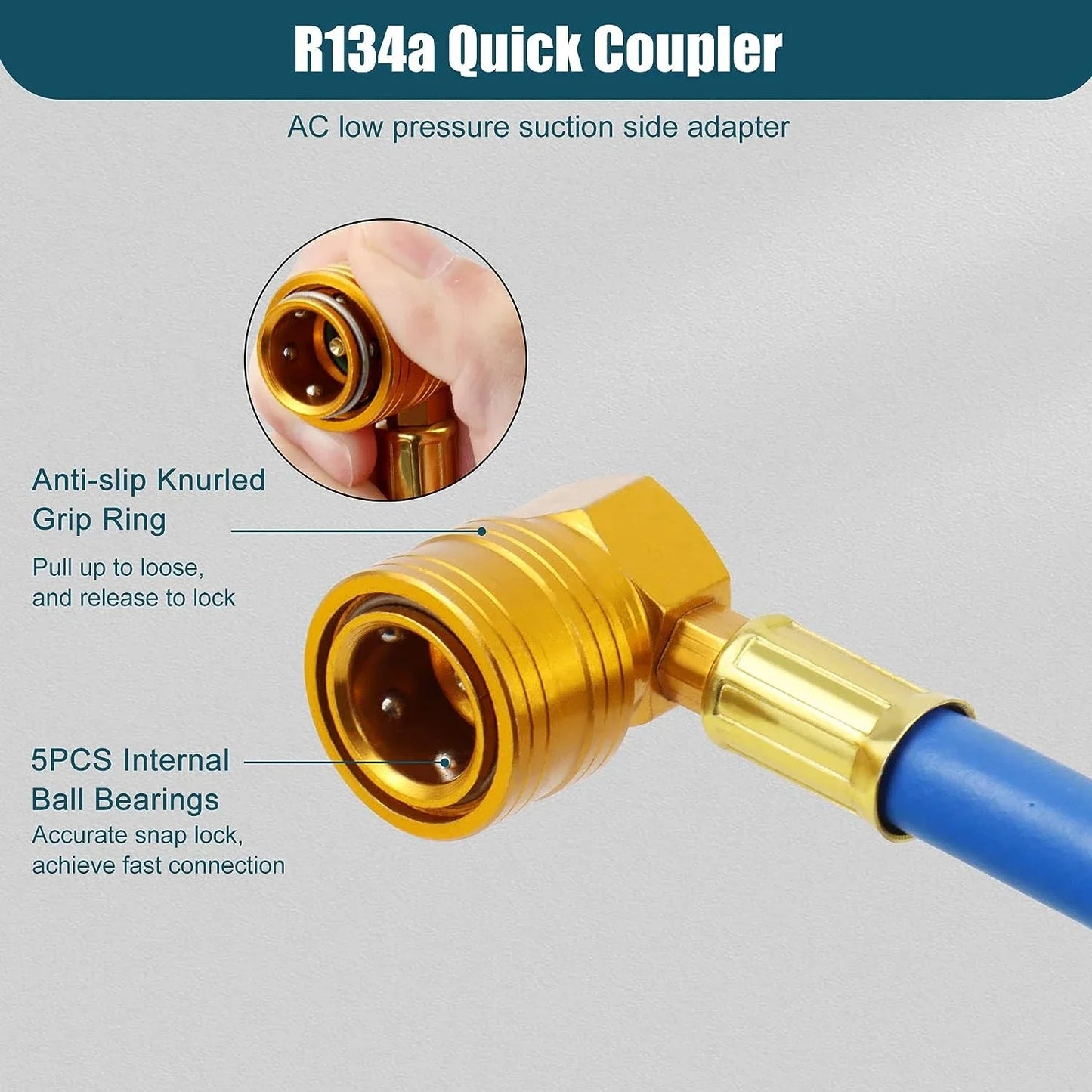 R134A Recharge Hose with Gauge, AC Can Tap Freon Charging Kit, 90° Low Side Quick Coupler for R134A R12 R22 A/C Refrigerant