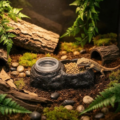 Imitation Stone Resin Rock Feeder Dish Wear Resistant Anti-knock Pet Feeder Ledge with Bowls Wide Mouth Reptile Food Bowl
