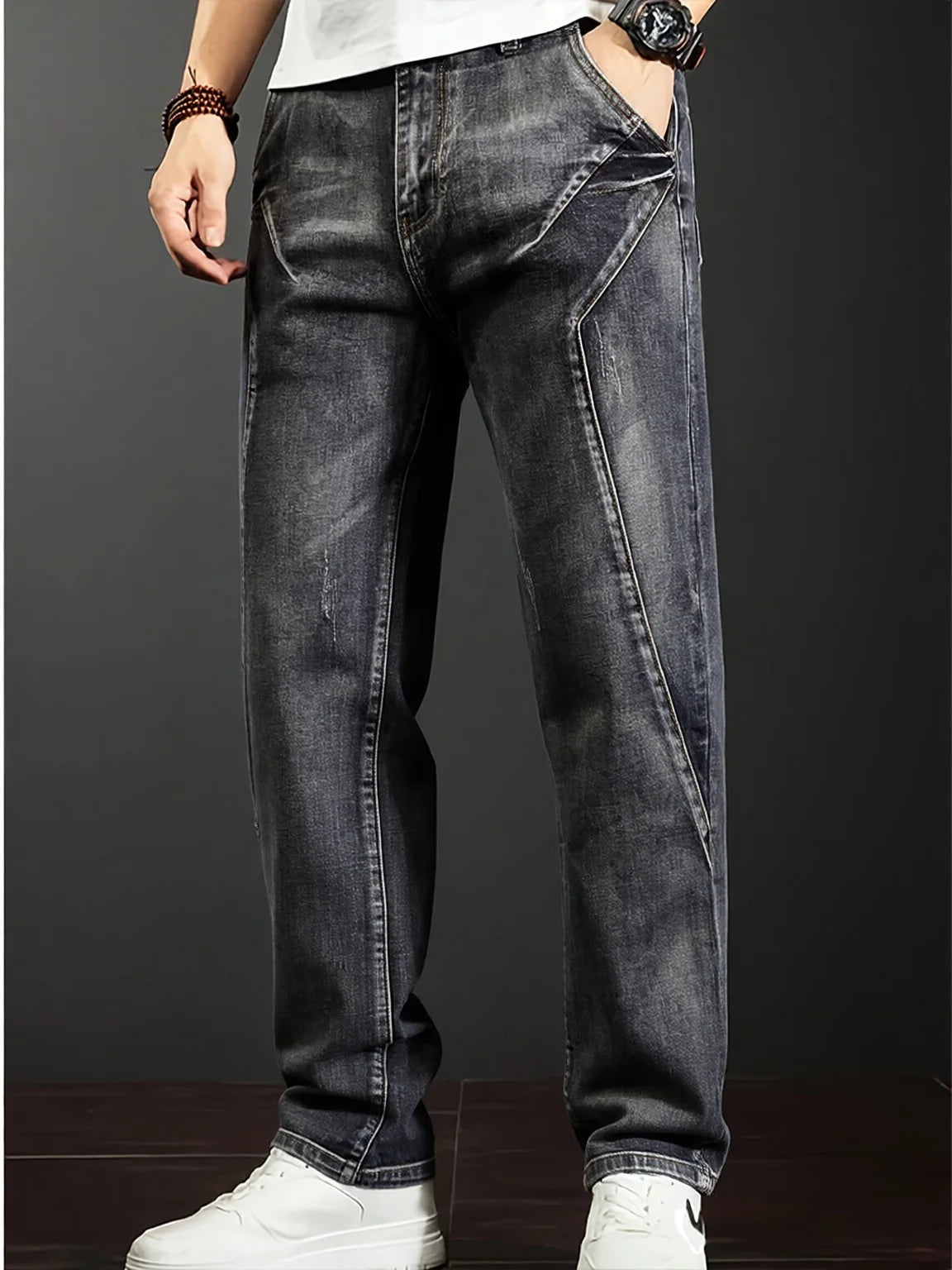Men's New Straight Leg Stretchable Jeans Casual Pants with Personality Design Comfortable Fit Modern Style