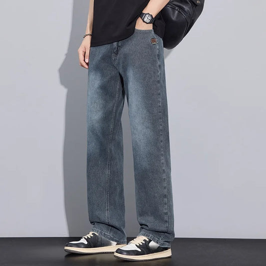 New Arrival American Vintage Wide Leg Elastic Denim Pants for Men Loose Straight Fit Flowy Versatile Casual Pants