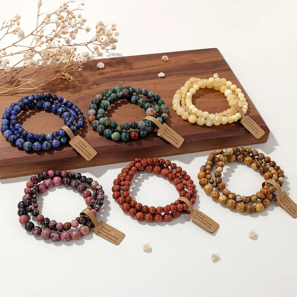 3pcs/set Natural Stone Beads Bracelet For Women Men 4 6 8 MM Indian Moss Agates Rhodonite Quartzs Jewelry Bracelet Gift Fashion