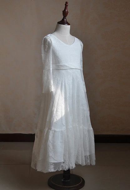 Kids Clothes White Lace Girls Full Sleeve Princess Dress Wedding Fancy Girl Long Dresses Elegant Evening Party Ball Gown 2 to 14