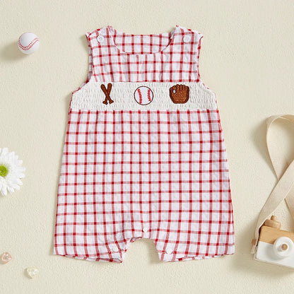 Newborn Baby Boy Girl Baseball Outfit Sleeveless Overalls Romper Smocked Baseball Bubble Summer Plaid Bodysuit