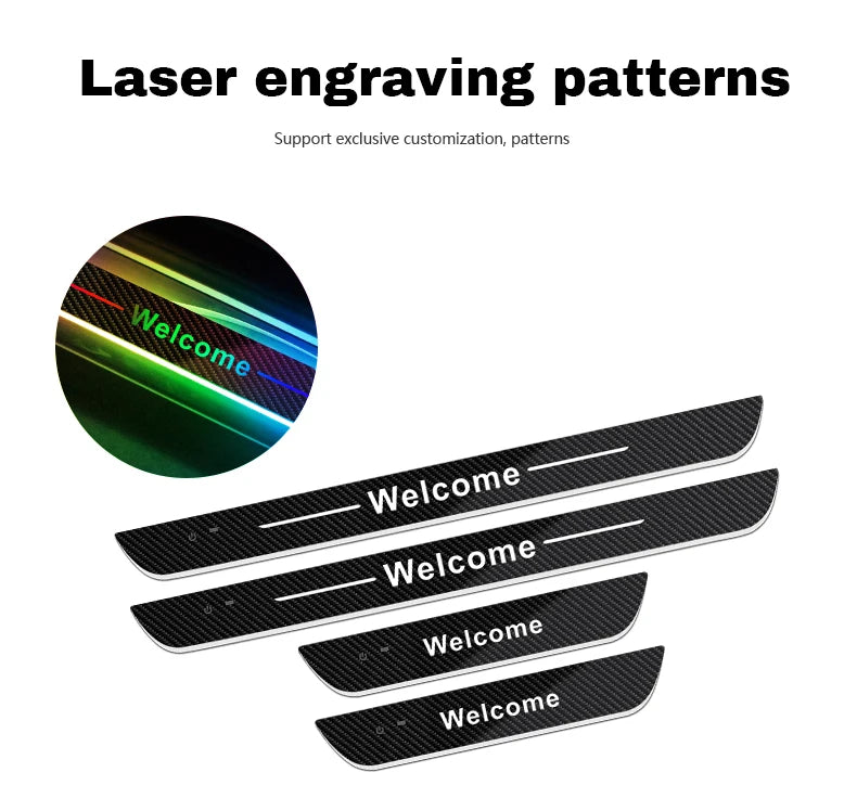 Customized Carbon fiber Car Logo Door Illuminated Sill Light Projector Lamp Power Moving LED Welcome Car Scuff Plate Pedal Light