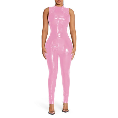 PVC Sleeveless Jumpsuit for Ladies, Wet Look, Shiny Patent Leather, O-Neck Bodycon, Tank Catsuit, Stretch Slim Rompers, Sexy