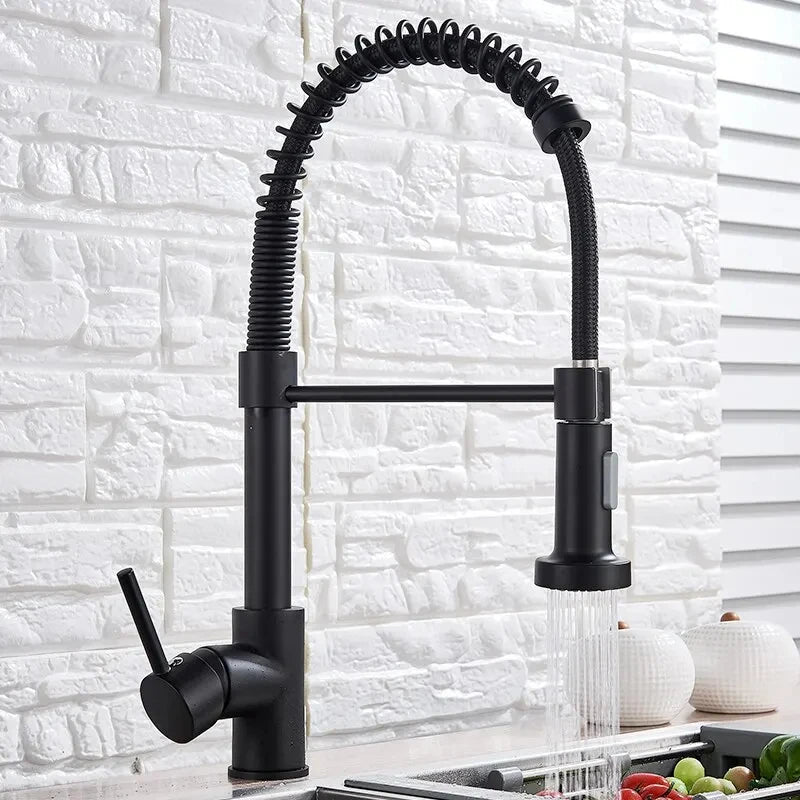 Kitchen Faucets Brush Brass Faucets for Kitchen Sink Single Lever Pull Out Spring Spout Mixers Tap Hot Cold Water Crane