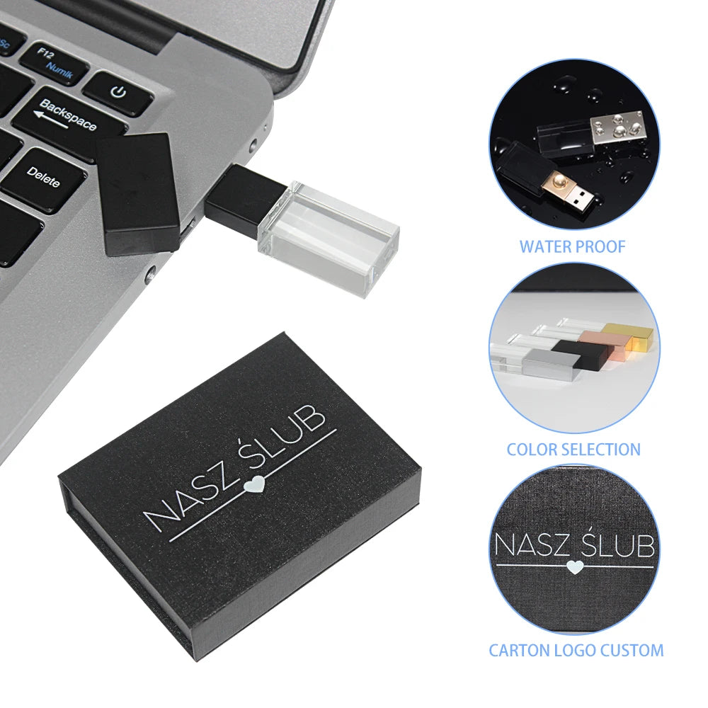 JASTER Crystal Wedding Gifts USB Flash Drives 128GB 3D Laser Engraving Custom Logo Pen Drive 64GB Photography Gift Memory Stick