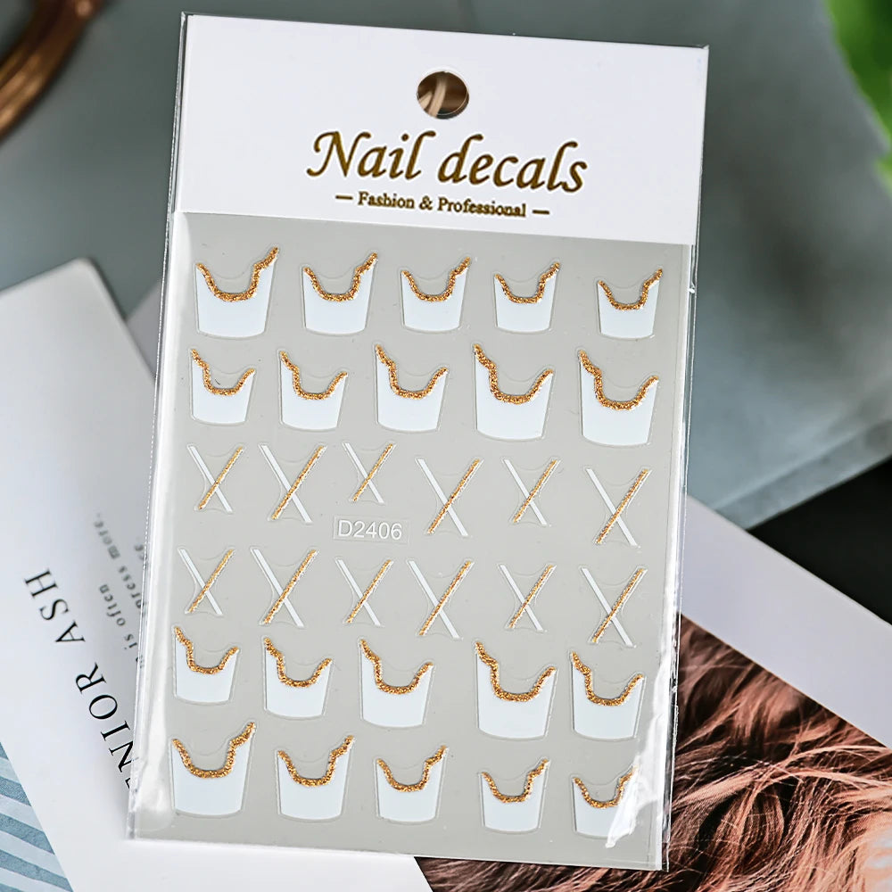 1pcs Gold Glitter French Design Nail Stickers White Silver Curve Lines Stripe Wave Nail Decals Slider Reflective Manicure Wraps