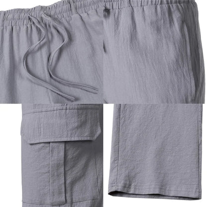Summer Men'S Cotton And Linen Pants Multiple Pockets Breathable Loose Drawstring Straight Leg Pants Sports And Casual Pants