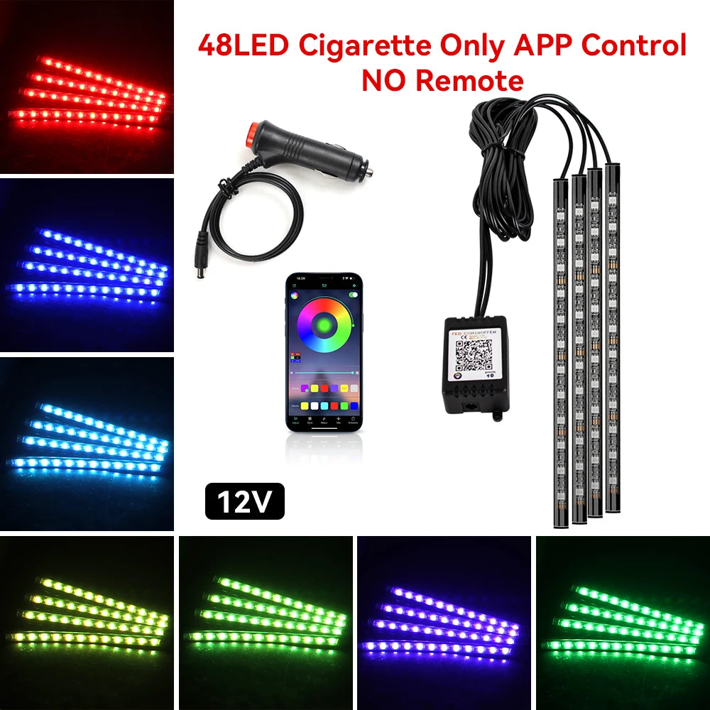 Neon Car Interior Ambient Foot Light with USB Wireless Remote Music App Control RGB 48 LED Atmosphere Decorative Lamp