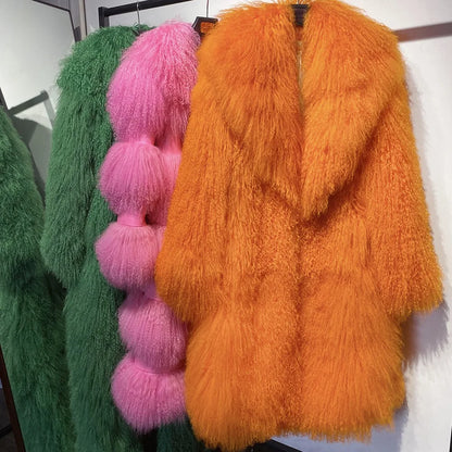 Mongolia Sheep Fur New Brand Real Fur Long Genuine Fur Coat Mongolia Sheep Fur Long Sleeves Women's Warm Jacket