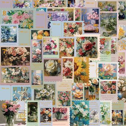 50Pcs Retro Flower Stamps Aesthetic Stickers Graffiti Decals for Scrapbooking Notebook Travel Luggage Bike Phone Sticker﻿