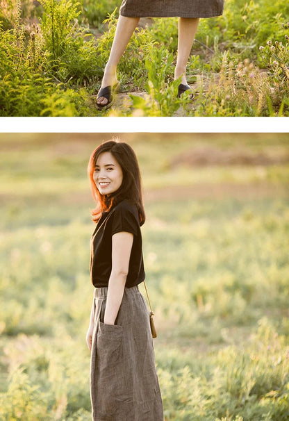 New Cotton and Hemp Half Length Skirt for Women in Summer, A-line Medium Length Skirt, High Waist, Loose Elastic Waist Skirt