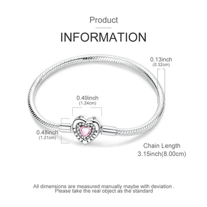 Original 925 Sterling Silver Charm Bracelets Heart Clip Bead Snake Chain Bracelet Fit Charms Beads Diy For Woman Fine Jewelry