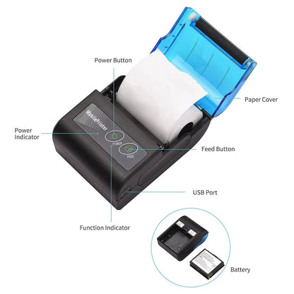58mm Mini Portable Thermal Printer Receipt Mobile Wireless Bluetooth Ticket Bill Printer For Printing Labels/Tickets Receipt