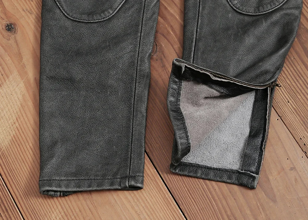 Men's Vintage Gray Black Motorcycle Style Trousers Genuine Thick Cowhide Biker's Pants Real Natural Leather Skinny Pants 4XL