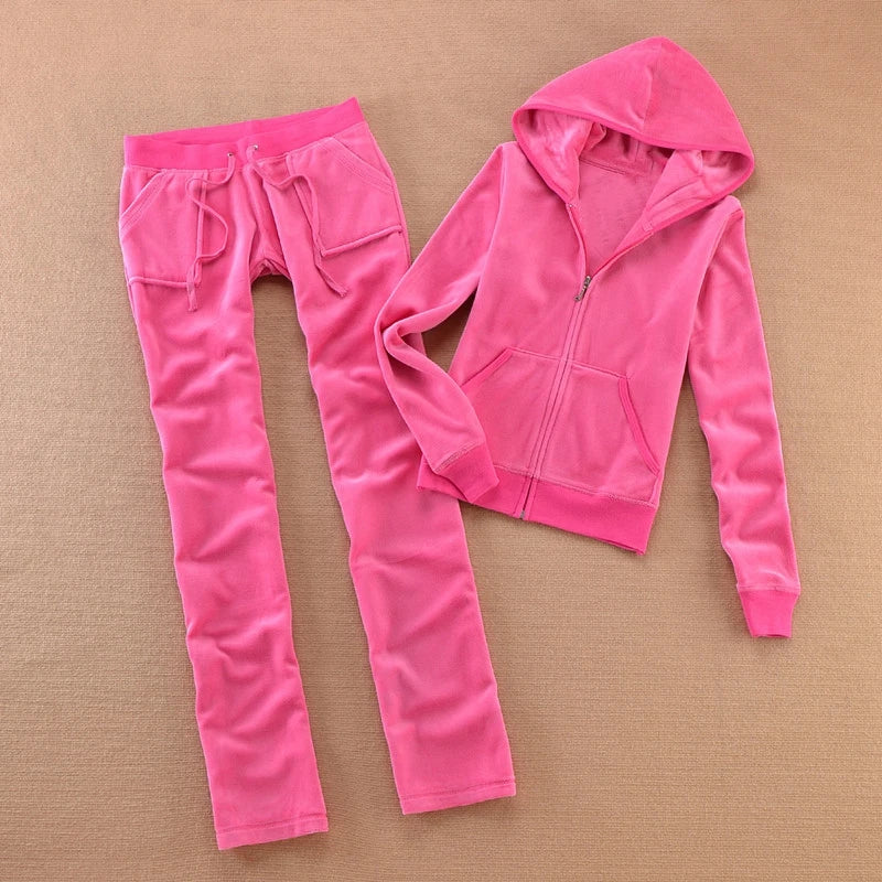 Solid Color Velvet Tracksuit 2025 Women's Zipper Top and Pants Suit Two-Piece Set