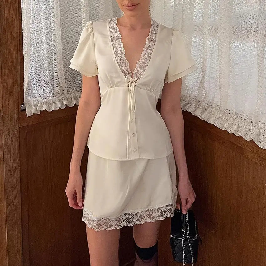 Elegant Satin Lace Patchwork Skirt Two-piece Set V Neck Short Sleeve Lace Up Tops Mini Skirts Suit 2026 New Party Daily Outfits