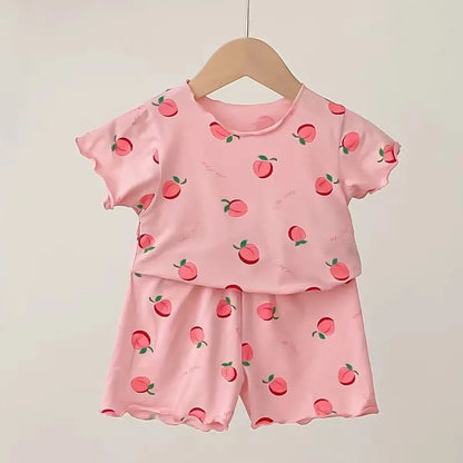 Baby Girl Strawberry Pajamas Set Summer Short Sleeve Thin Two Piece Toddler Kids Sleepwear Infant Home Wear Clothes