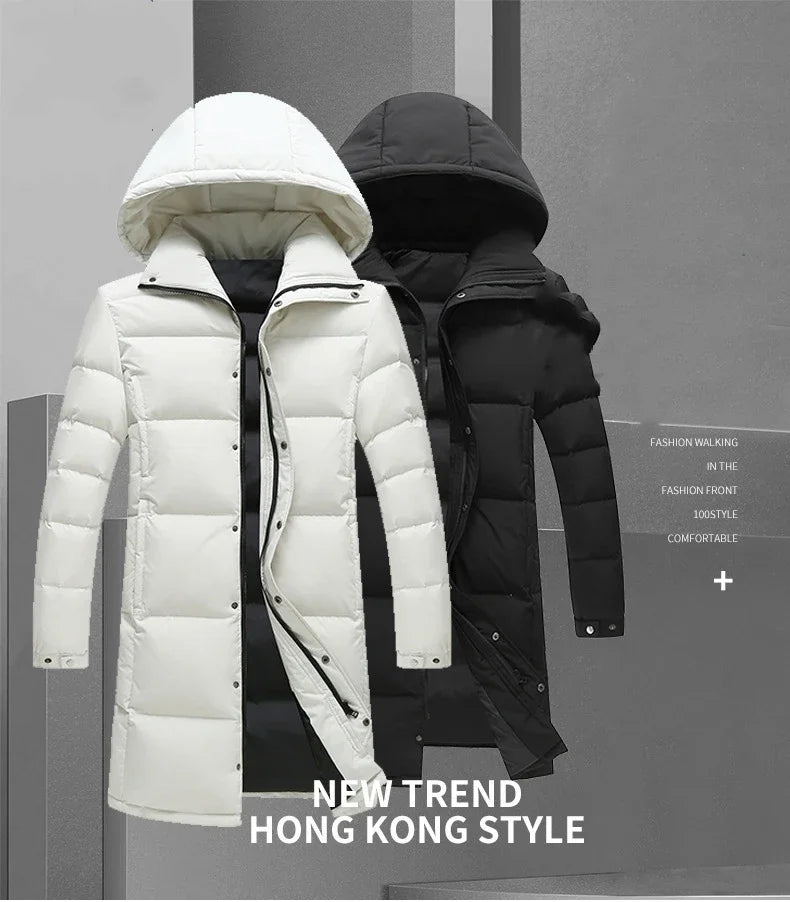FGKKS 2025 Couple Winter Down Jacket Fashion Classic Slim Korean Style White Duck Down Men's Long Coat Women Hooded Outwear